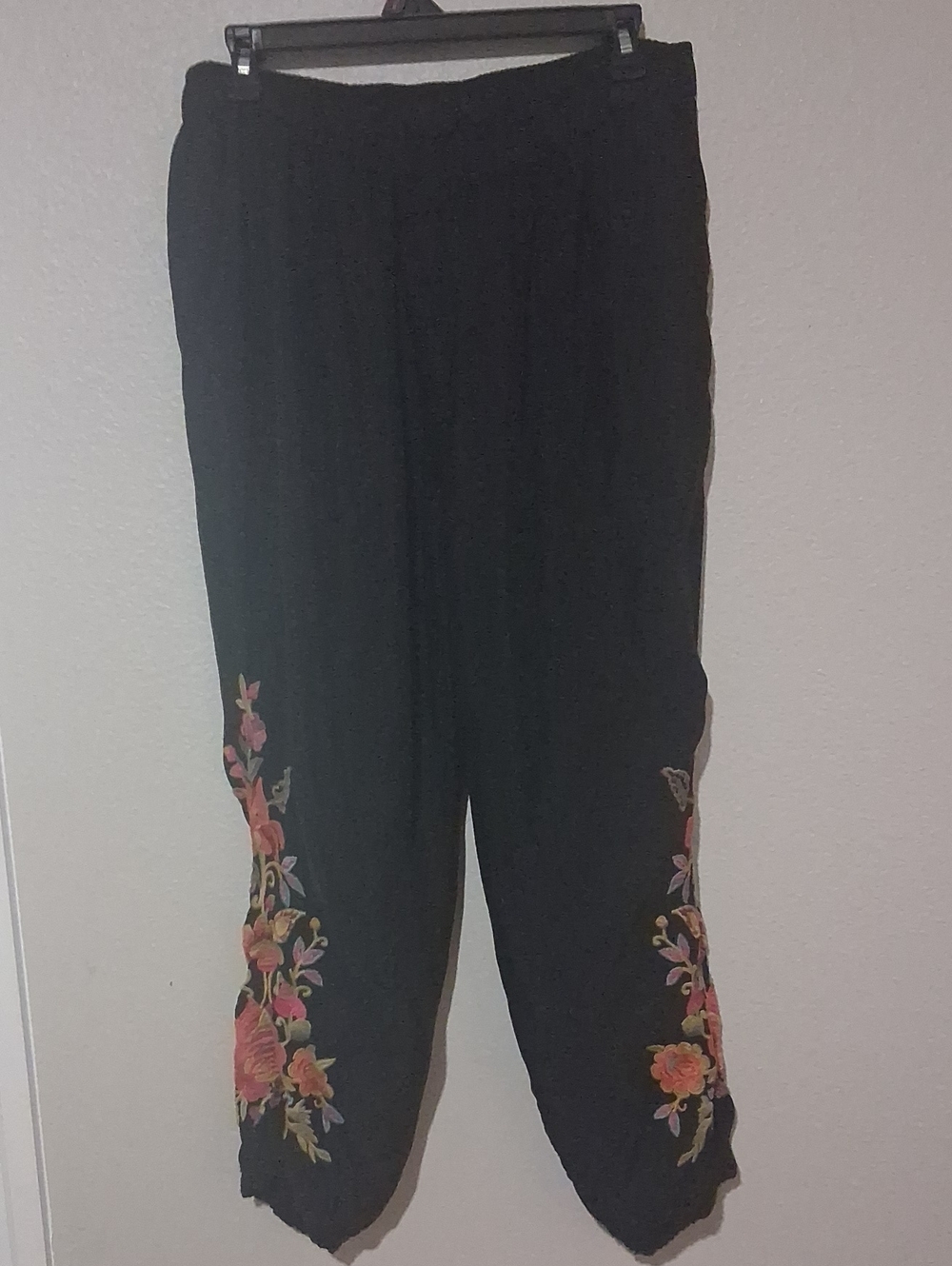 Johnny Was Black Wide-Leg Pants with Colorful Floral Embroidery
